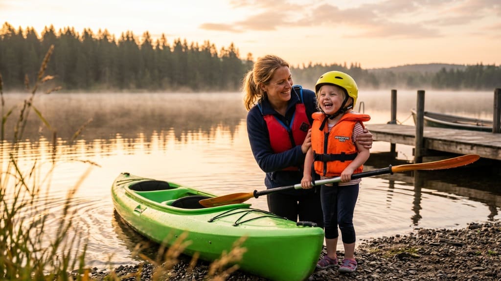 family kayaking for kids