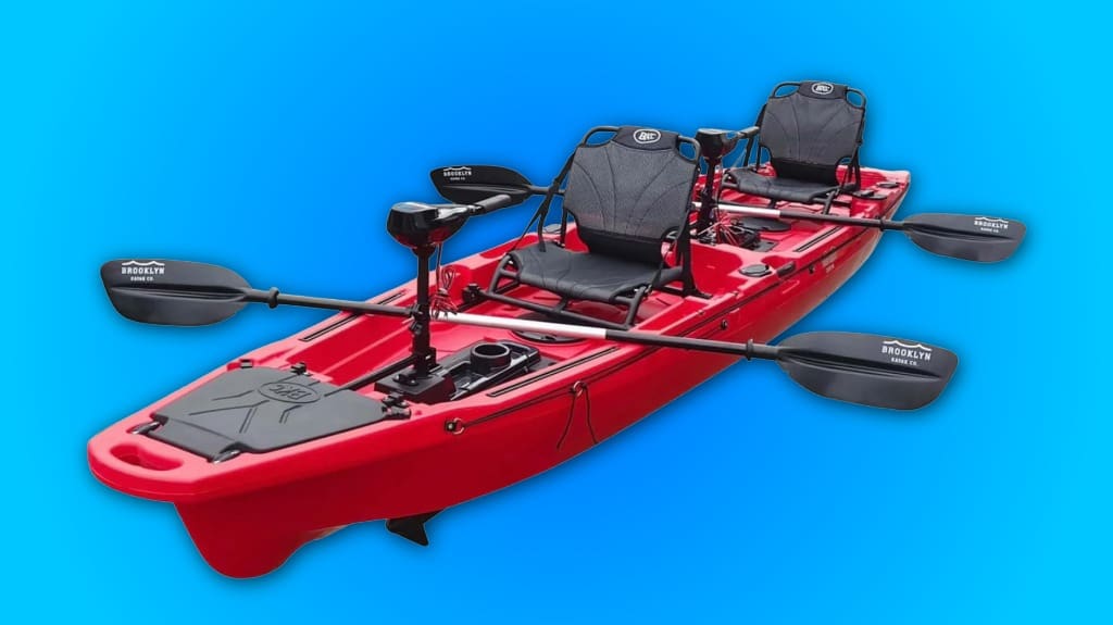 Brooklyn 14.0 Pro Motorized Tandem Kayak with Built-in Trolling Motor by BKC - Fishing Kayak - Red